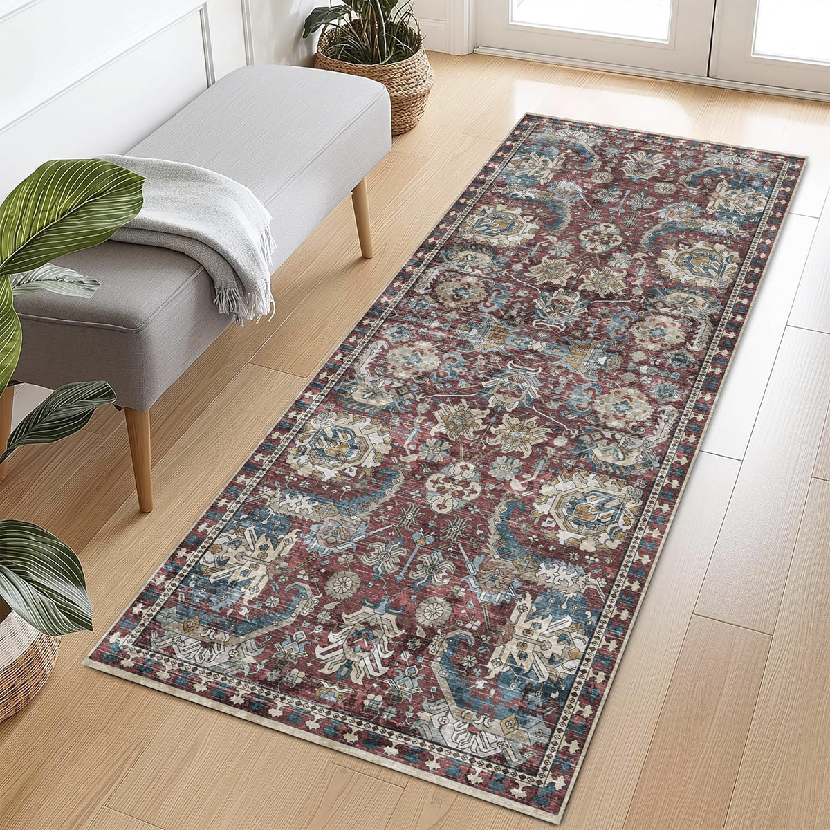 RUGSURE Washable Area Rugs - Perfect for Living Room, Bedroom, Kids Room, Nursery - Stain & Water Resistant Non-Slip, Pet & Child Friendly, Vintage Tribal Area Rugs (Green, 5' x 7')
