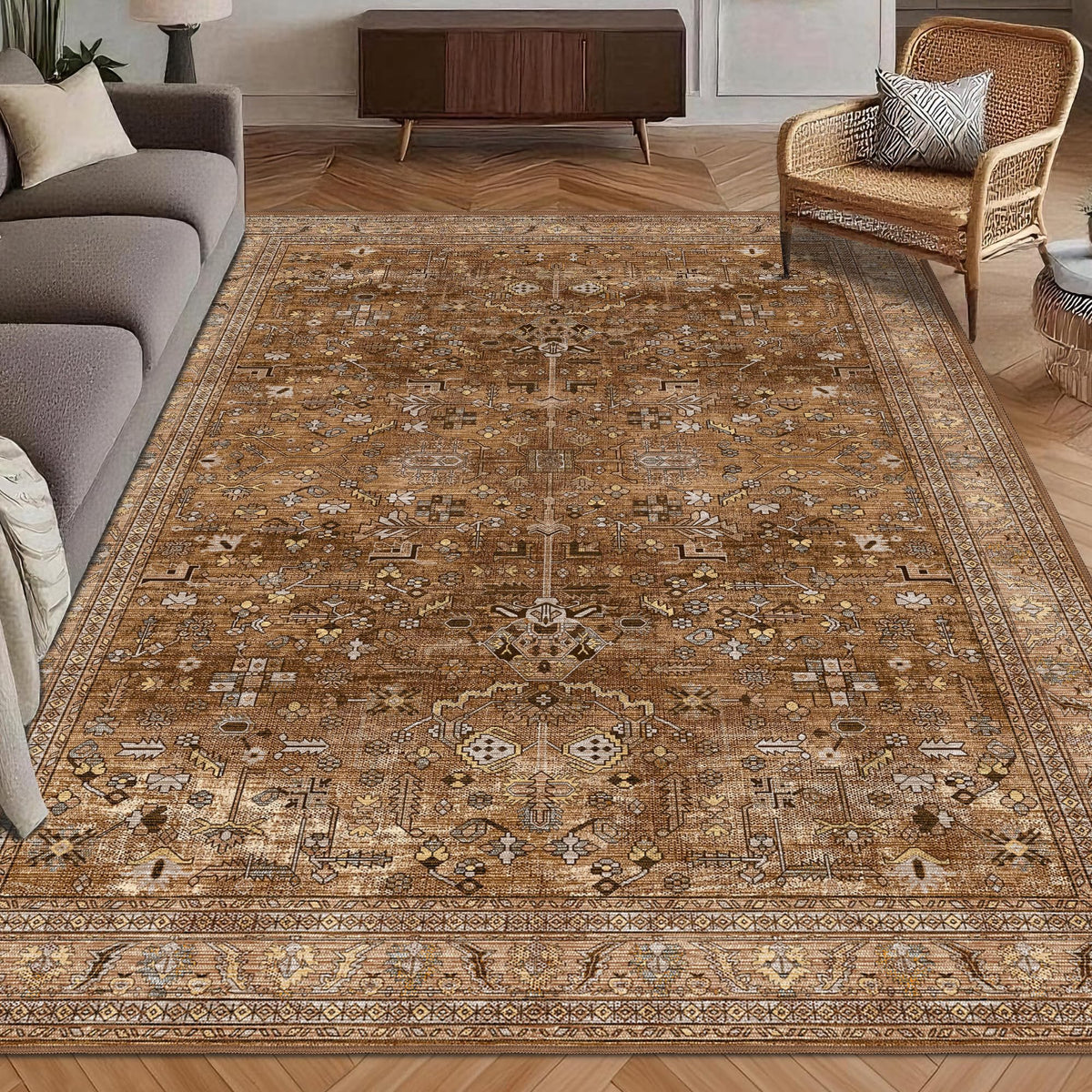 Washable Area Rug 5' x 7' Vintage Traditional Persian Mat - Foldable Distressed Non-Slip Machine Washable Carpet for Living Room Bedroom Kitchen Home Decor - Graphite and Mist