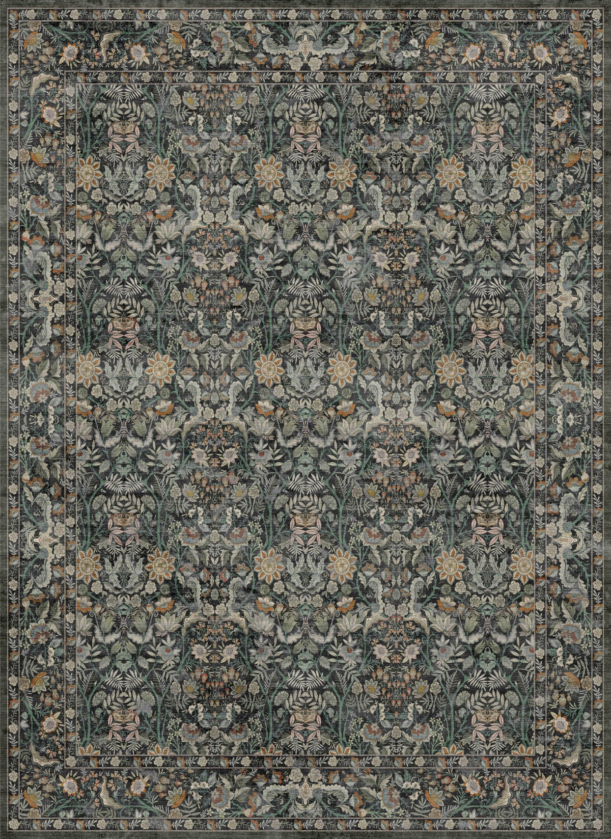 Vintage Botanical Area Rug 8x10: Floral Carpet Non-Slip - Dark Green