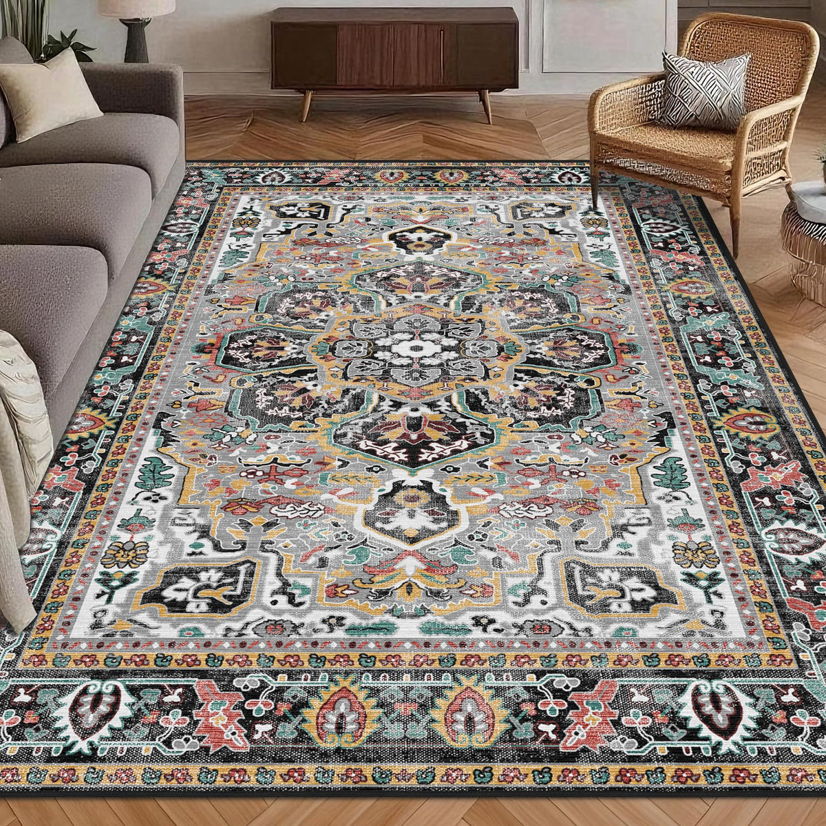 Washable Area Rug 5' x 7' Vintage Traditional Persian Mat - Foldable Distressed Non-Slip Machine Washable Carpet for Living Room Bedroom Kitchen Home Decor - Graphite and Mist