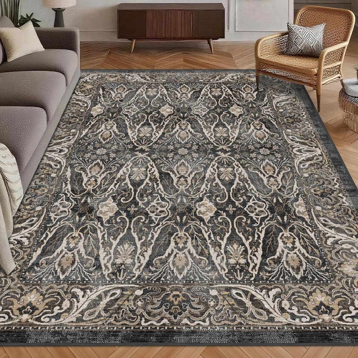 Washable Area Rug 5' x 7' Vintage Traditional Persian Mat - Foldable Distressed Non-Slip Machine Washable Carpet for Living Room Bedroom Kitchen Home Decor - Graphite and Mist