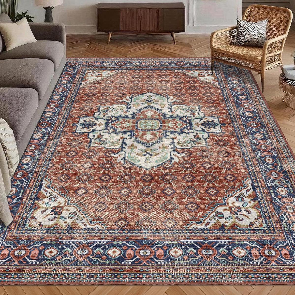 Washable Area Rug 5' x 7' Vintage Traditional Persian Mat - Foldable Distressed Non-Slip Machine Washable Carpet for Living Room Bedroom Kitchen Home Decor - Graphite and Mist