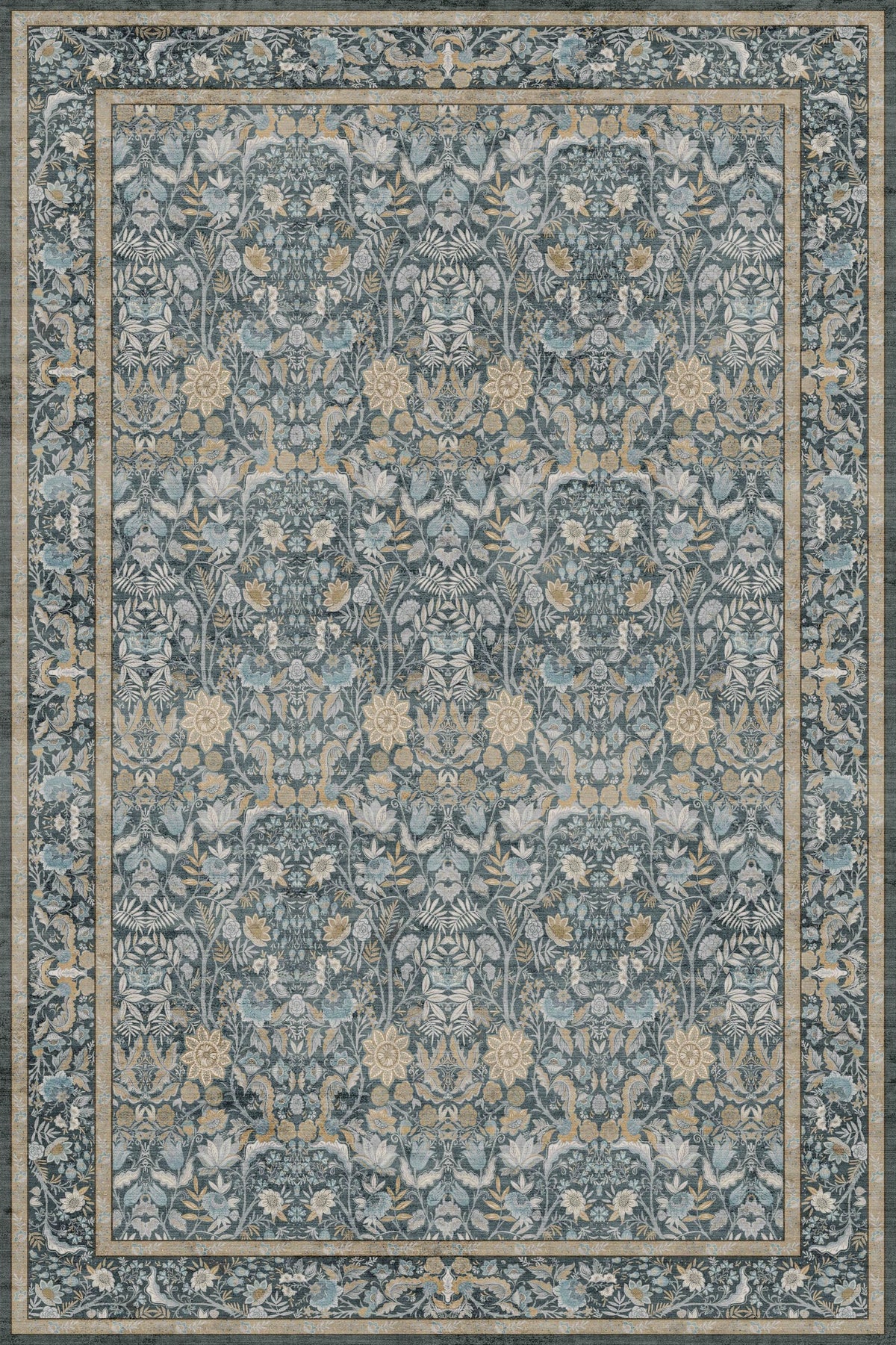 Vintage Botanical Area Rug 8x10: Floral Carpet Non-Slip - Dark Green
