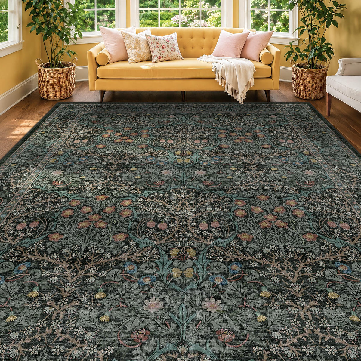 Vintage Floral Dark Green 3x5 Area Rugs for Entryway, Kitchen, Bedroom Beside Rug, Laundry Room, Non-Slip Low Pile Ultra Soft Stain Resistant Small Carpet