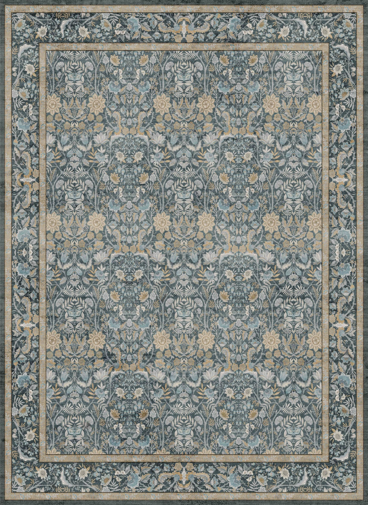 Vintage Botanical Area Rug 8x10: Floral Carpet Non-Slip - Dark Green