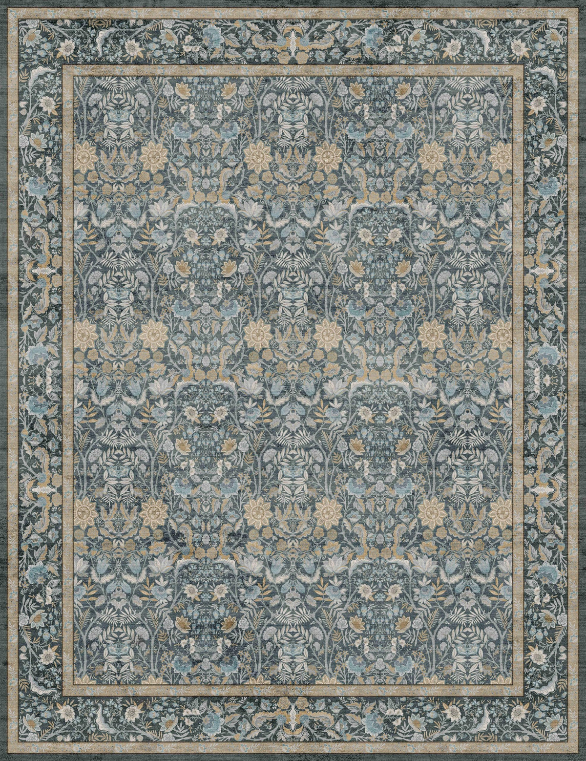 Vintage Botanical Area Rug 8x10: Floral Carpet Non-Slip - Dark Green