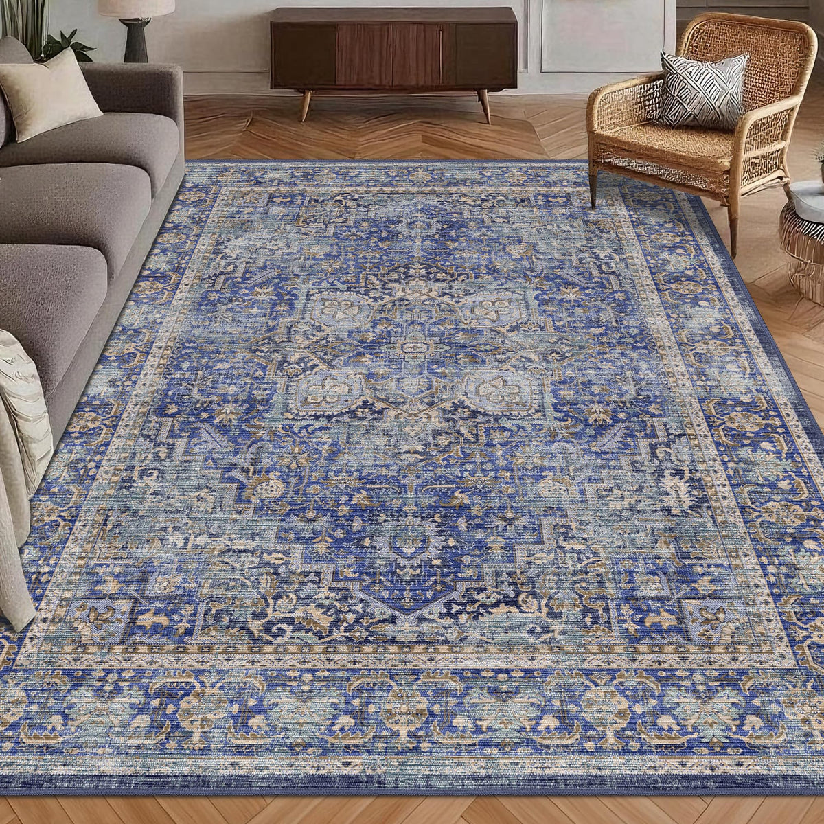 Washable Area Rug 5' x 7' Vintage Traditional Persian Mat - Foldable Distressed Non-Slip Machine Washable Carpet for Living Room Bedroom Kitchen Home Decor - Graphite and Mist