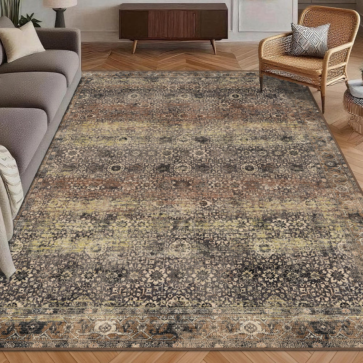 Washable Area Rug 5' x 7' Vintage Traditional Persian Mat - Foldable Distressed Non-Slip Machine Washable Carpet for Living Room Bedroom Kitchen Home Decor - Graphite and Mist