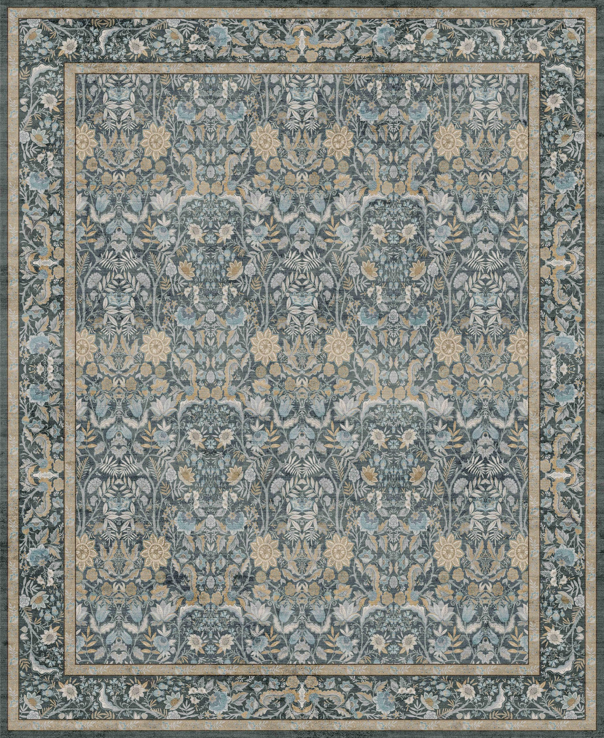 Vintage Botanical Area Rug 8x10: Floral Carpet Non-Slip - Dark Green
