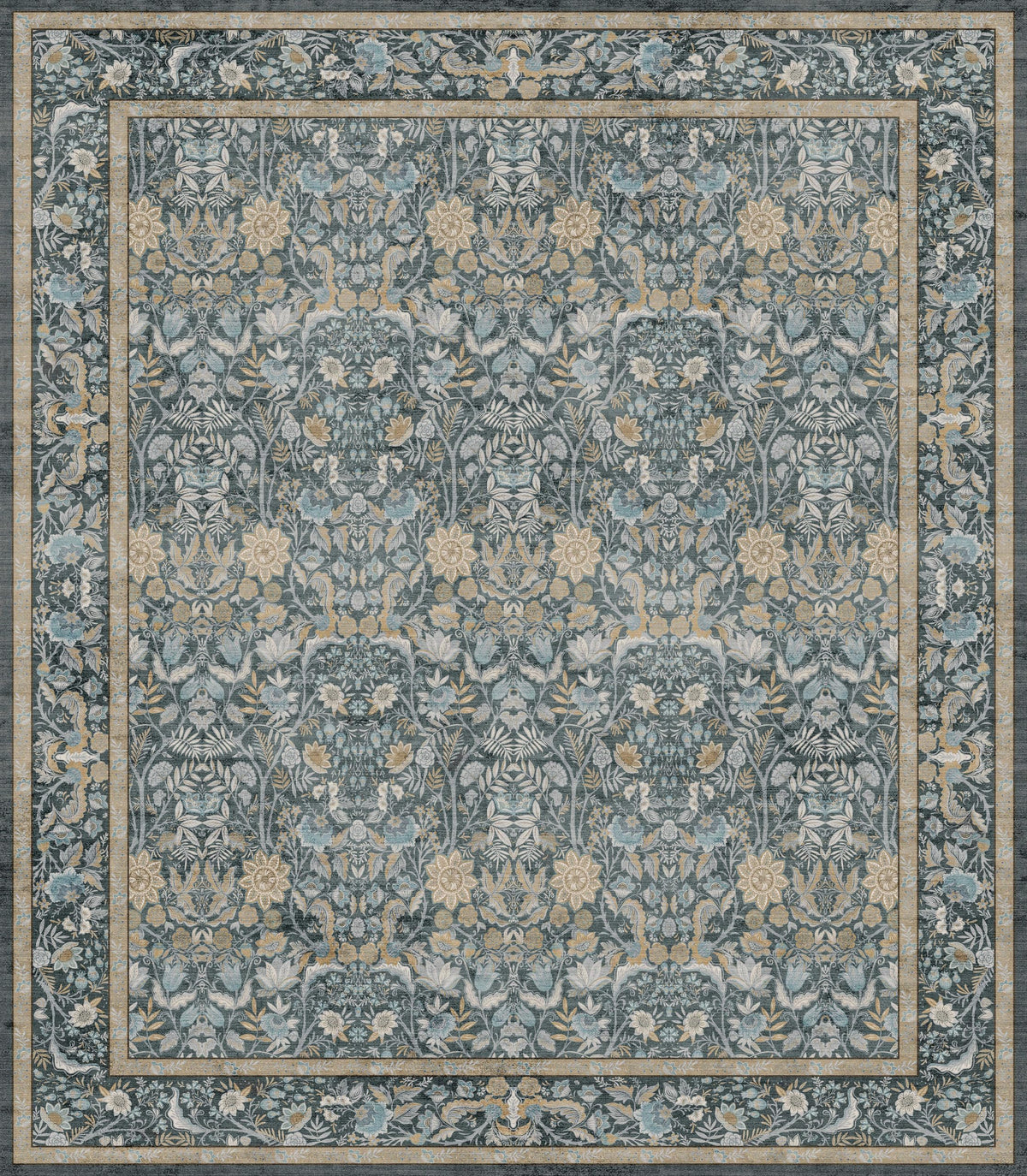 Vintage Botanical Area Rug 8x10: Floral Carpet Non-Slip - Dark Green